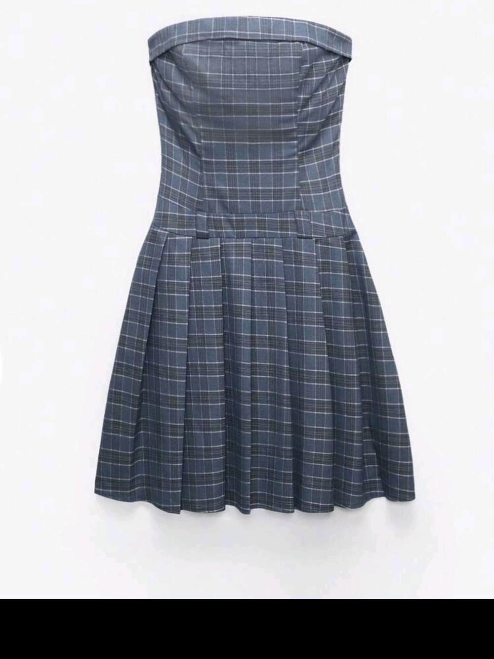 Strapless Blue Plaid Pleated Dress